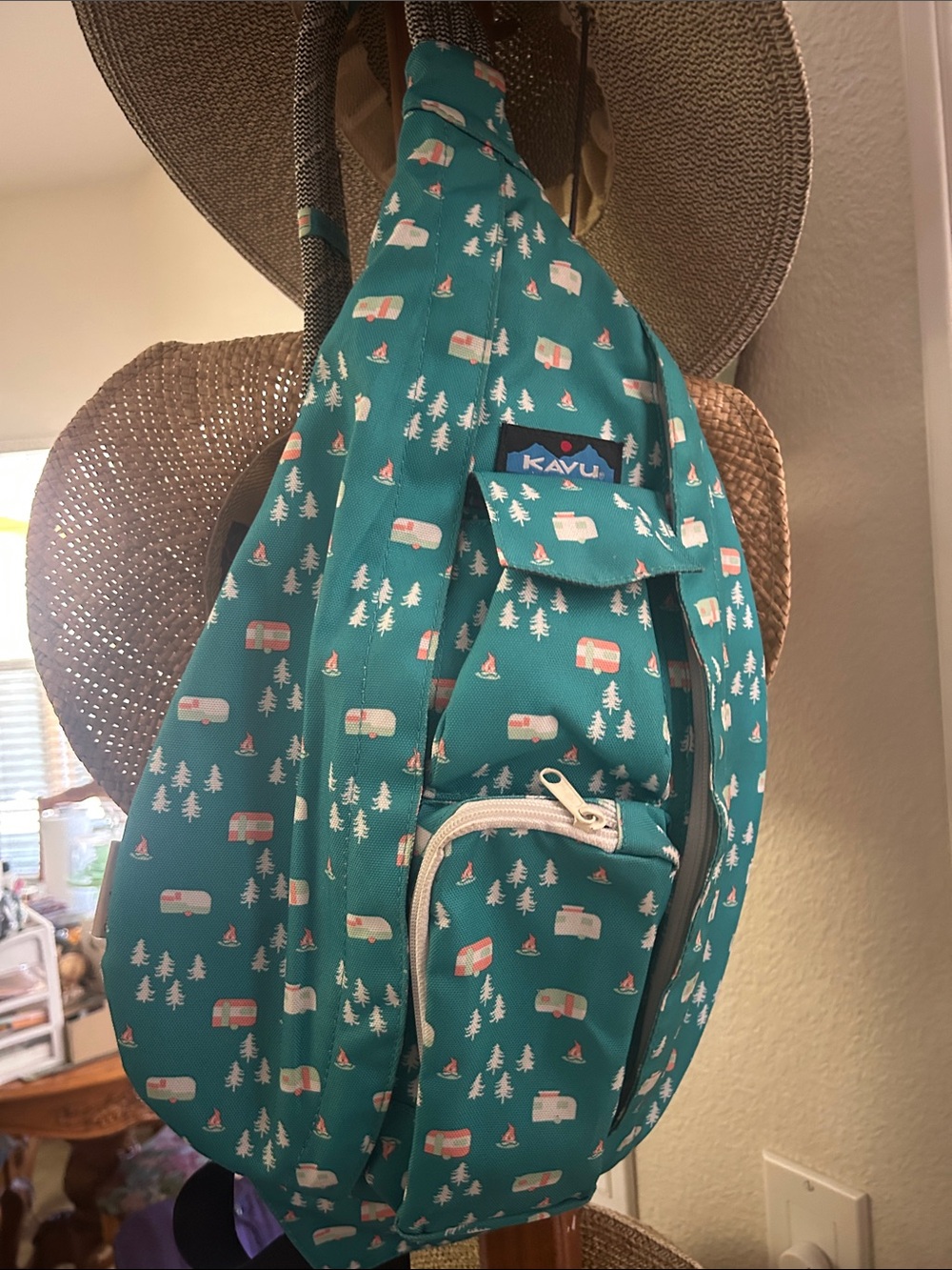 Kavu Kids Teal Camper Print Sling Bag with White and Pink Accents